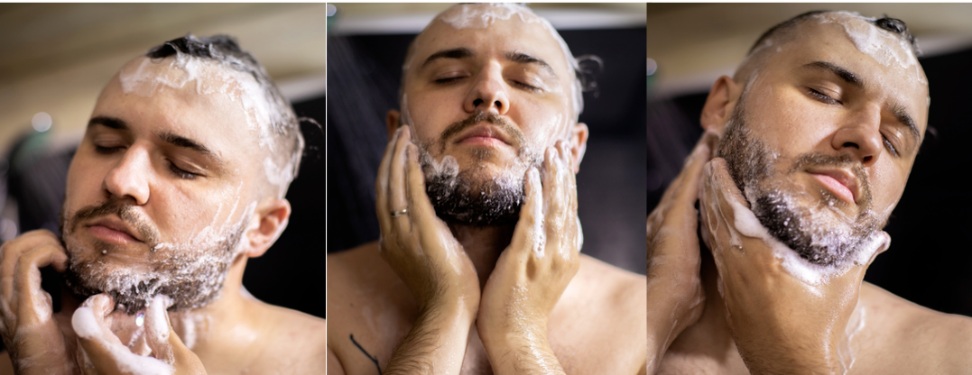 3 part series of man washing his beard
